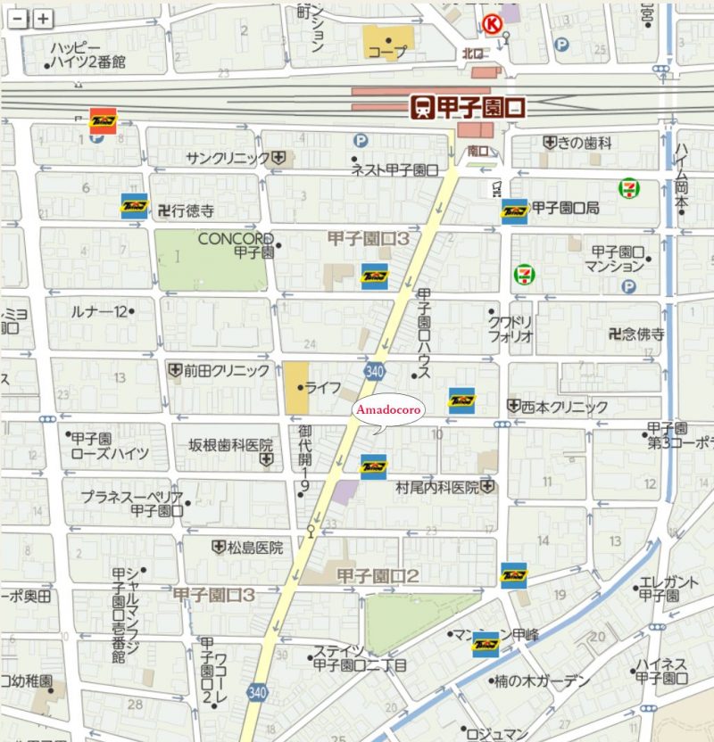 JR甲子園口駅周辺にあるTimes24駐車場の案内地図です。全部で9か所ご利用いただけます。